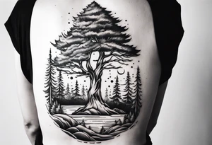 Full back tattoo ancient pine Forrest tattoo idea