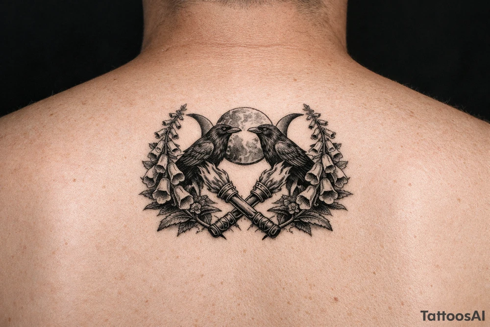 A stylized triple moon with ravens and crossing torches, framed by foxglove. tattoo idea