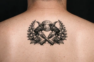 A stylized triple moon with ravens and crossing torches, framed by foxglove. tattoo idea