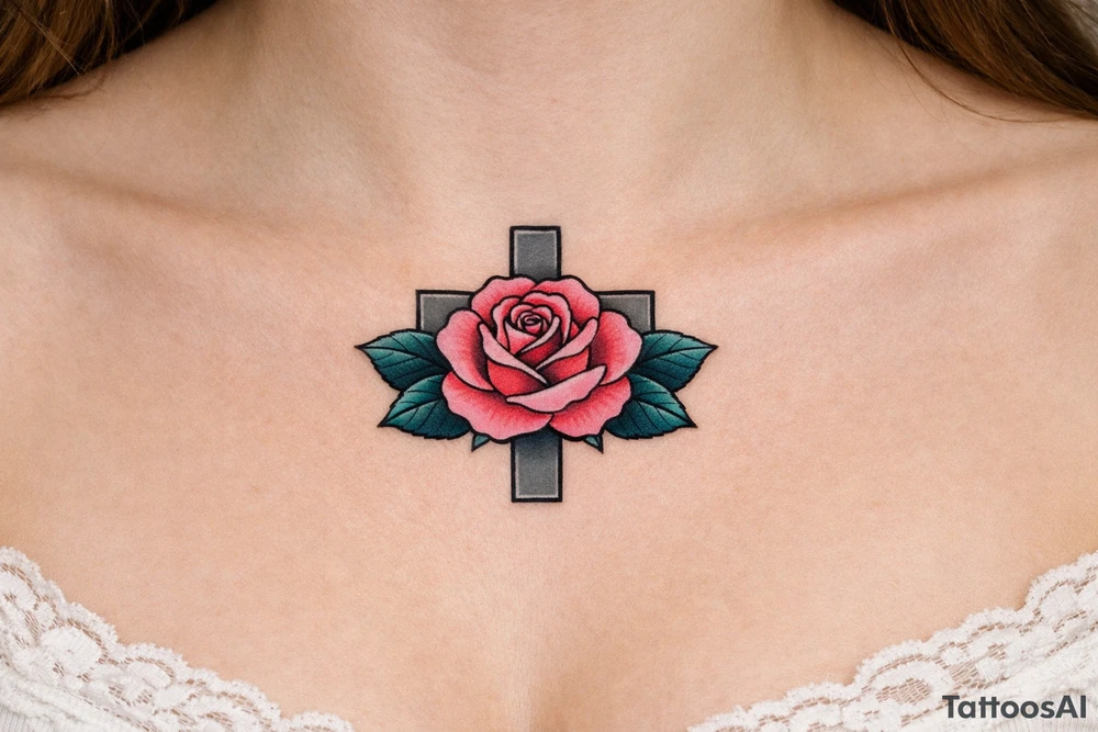 Pink rose , petrol leaves no stem, 
 cross behind it, cross is grey, cross is solid and has straight lines tattoo idea