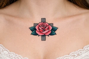 Pink rose , petrol leaves no stem, 
 cross behind it, cross is grey, cross is solid and has straight lines tattoo idea
