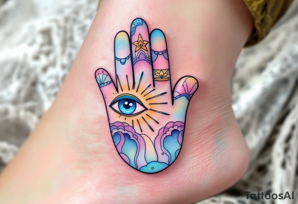 A soft pastel-colored Hamsa with an open eye emitting golden rays, representing clarity and enlightenment. tattoo idea