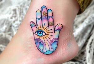 A soft pastel-colored Hamsa with an open eye emitting golden rays, representing clarity and enlightenment. tattoo idea