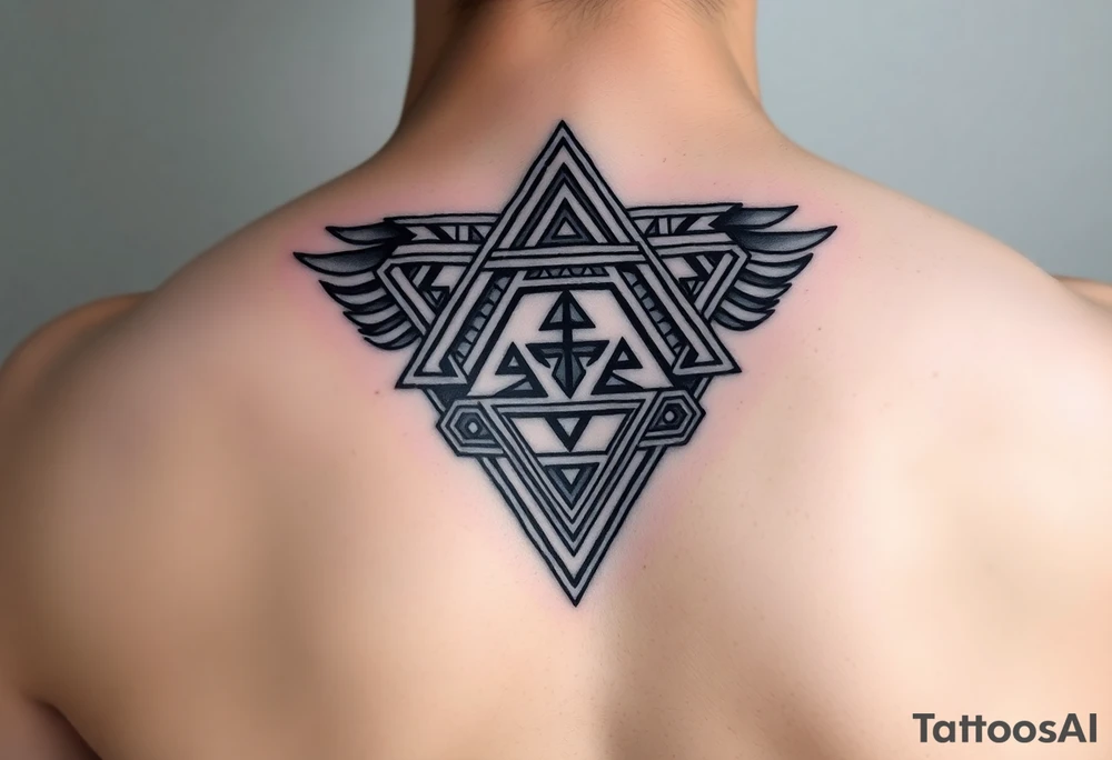 aztec triangle with intricate pattern, composed of interlocking blocks tattoo idea