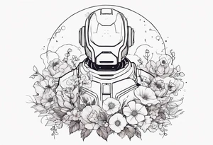 Ghost dressed like a robot, surrounded by flowers, tattoo idea