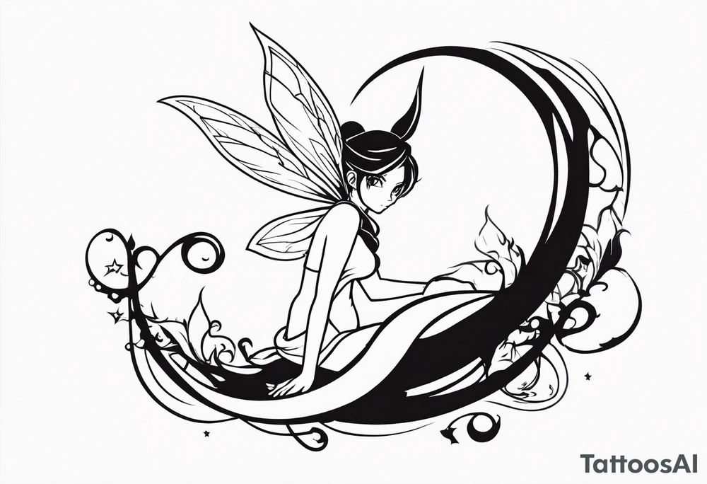 A fairy with a tail inspired by the logo of the show called Fairy Tail in a fetal position leaning in tattoo idea
