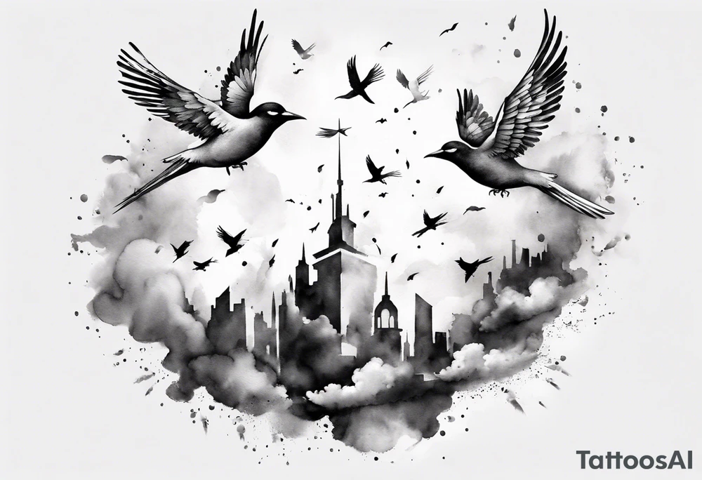 shoulder tattoo with light rays with birds flying free among the clouds, round shape, 3d effect tattoo idea