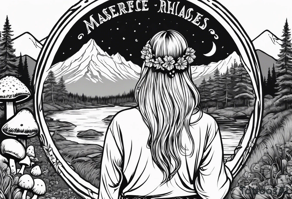 Whole picture encircled fully

Straight long blonde hair hippie girl in distance holding mushrooms in hand facing away toward mountains and creek surrounded by mushrooms long sleeve shirt and hiking pants; whole rendering within a full circle, no cut off circle tattoo idea
