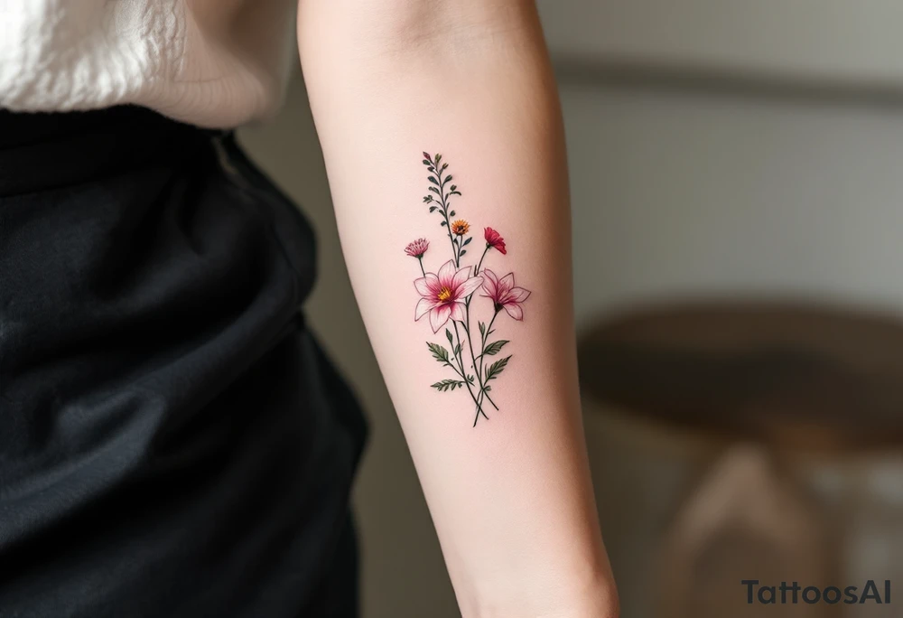 stargazer lillies in pink and white with small sunflowers and poppies in a dainty wildflower bouquet with stems tattoo idea