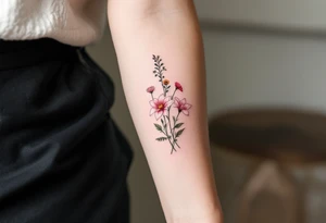 stargazer lillies in pink and white with small sunflowers and poppies in a dainty wildflower bouquet with stems tattoo idea