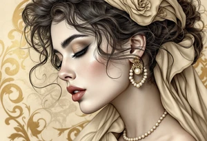 Alfons Mucha’s art nouveau woman with pearl earrings, flowing beige scarf, and a backdrop of swirling bronze flourishes. tattoo idea