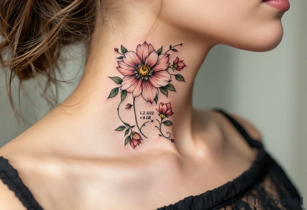 Florals with name "Simon" and numbers 12.2.2022 v 8:08 hidden within petals in dusty rose and olive green. tattoo idea