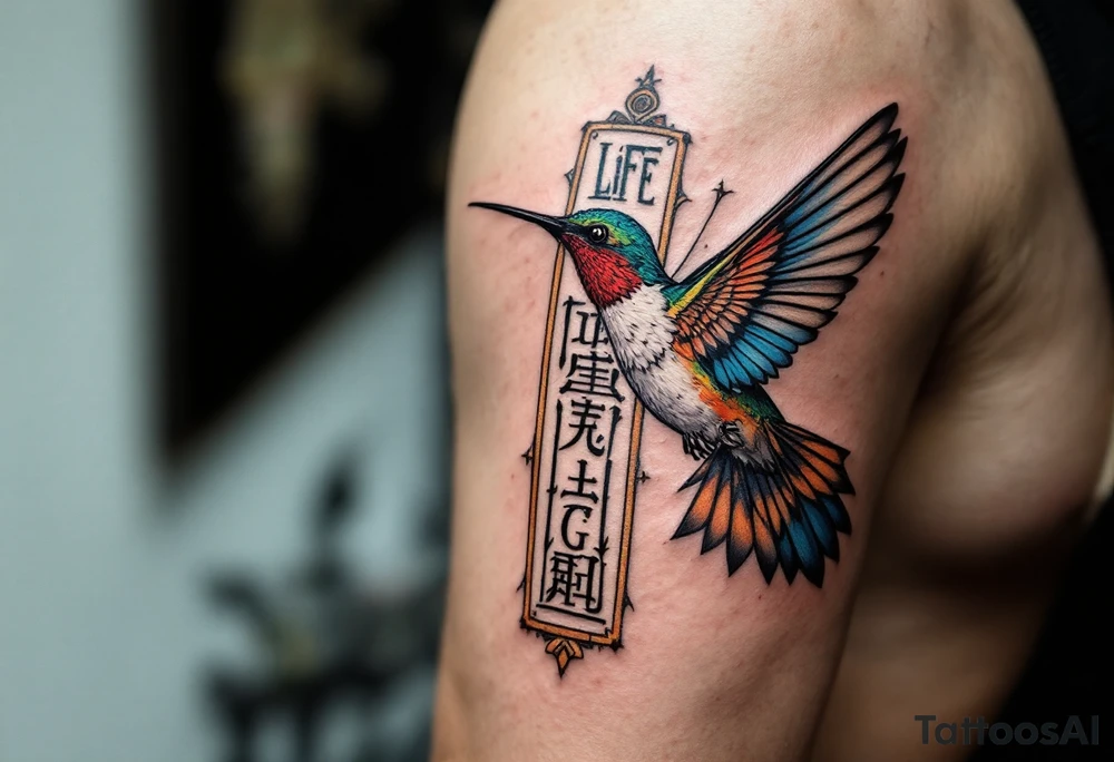 A hummingbird flying through a cartouche (Egyptian nameplate) that spells out a meaningful word like “Life” or “Strength.”(only red , blue and black are possible colors) tattoo idea