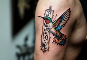 A hummingbird flying through a cartouche (Egyptian nameplate) that spells out a meaningful word like “Life” or “Strength.”(only red , blue and black are possible colors) tattoo idea