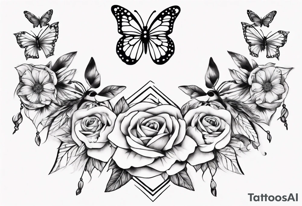 Ankle bracelet tattoo with flowers and butterflies and larger in the centre tattoo idea
