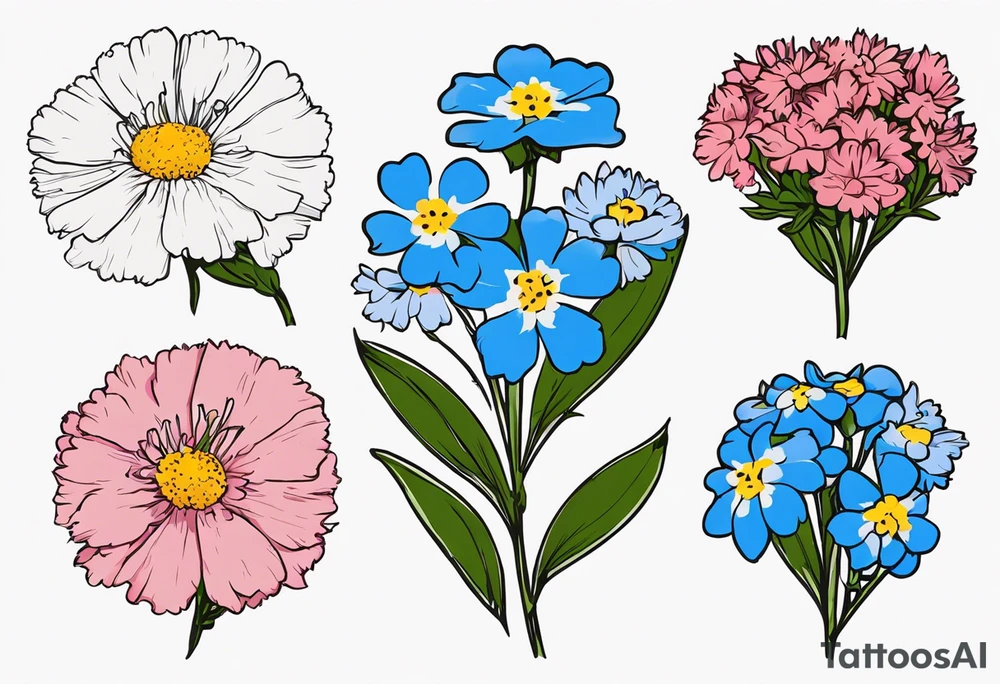 a simplistic bouquet of forget me not flowers, carnation flowers, and aster flowers with a stem that goes into the phrase “papa 09/17/52 - 01/17/24” tattoo idea