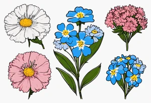 a simplistic bouquet of forget me not flowers, carnation flowers, and aster flowers with a stem that goes into the phrase “papa 09/17/52 - 01/17/24” tattoo idea