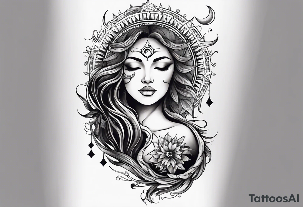 sleeve for my right arm 
Large designs 
Sun and moon spiritual 
Dark feminine without faces 
Shows how all things are connected 
Shows love for nature and the ocean 
Shows strength and bravery tattoo idea
