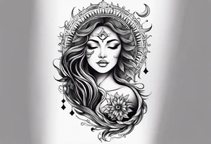 sleeve for my right arm 
Large designs 
Sun and moon spiritual 
Dark feminine without faces 
Shows how all things are connected 
Shows love for nature and the ocean 
Shows strength and bravery tattoo idea