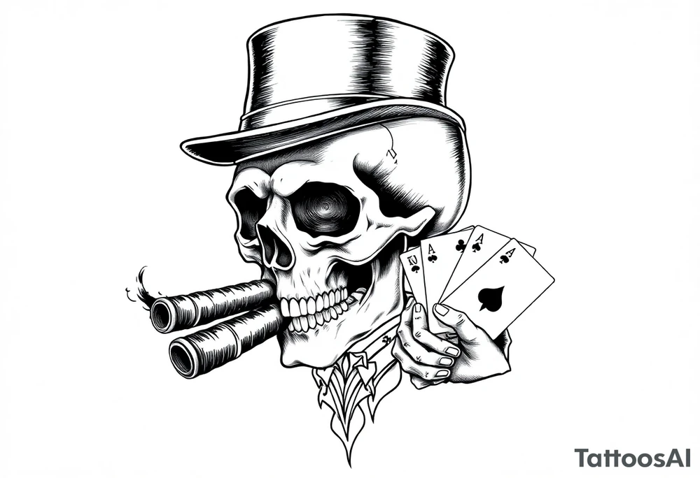 a skull with mustache, a big cigar in his mouth,top-hat on his head and playing cards in a hand. tattoo idea