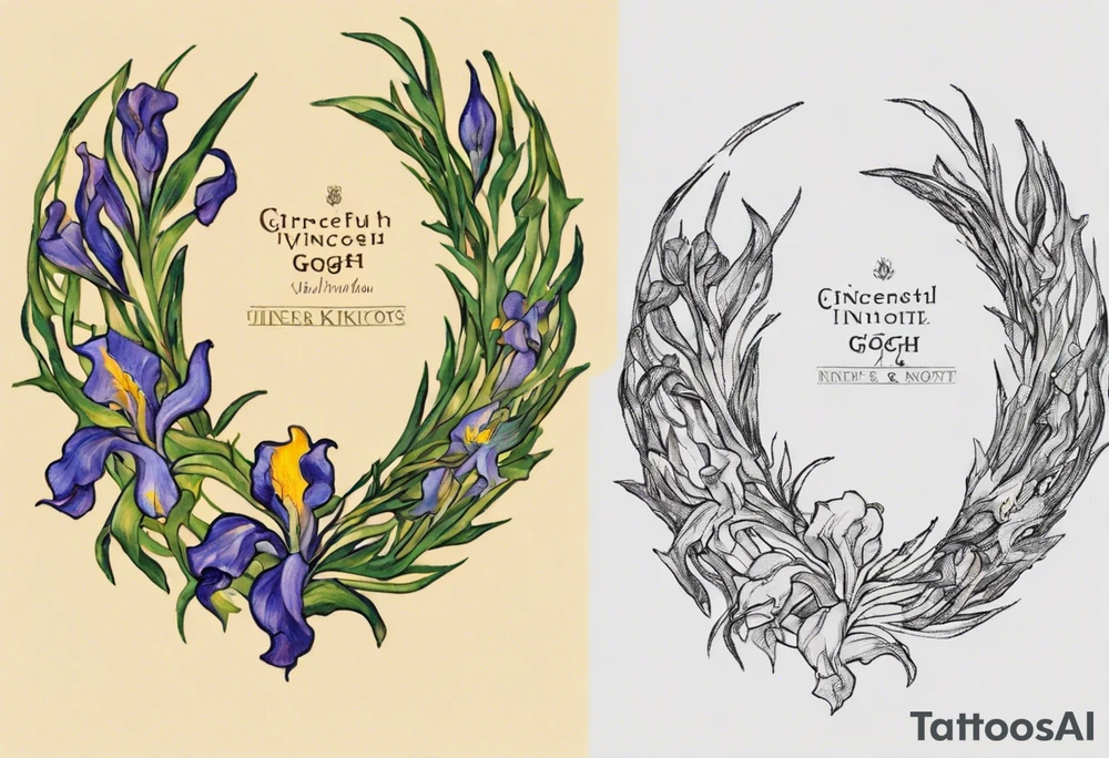 Create a small colorful Vincent van Gogh Irises tattoo in the form of a crescent, with vines or Celtic knots gracefully intertwining at a central point in the middle of the wreath.  In the middle of the wreath are mountains and other items found in New Mexico. Ensure that the design avoids the appearance of a bush and maintains a more structured and deliberate arrangement. The intended placement is on the upper chest. The overall design should be small in size while maintaining a delicate and artistic aesthetic. Pay attention to the graceful flow of the vines and the placement of the irises to achieve a refined and elegant look. tattoo idea