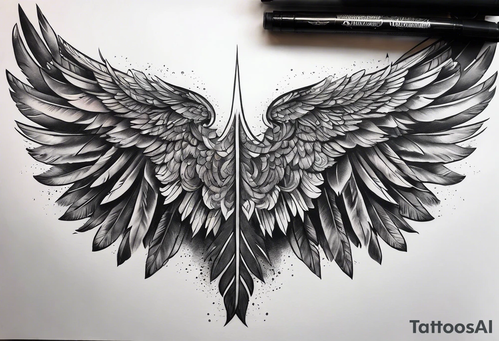 wings tattoo extending from a mens shoulders, covering the upper arms and upper back. The feathers are intricately detailed, with soft shading in black and gray to create depth and texture. tattoo idea