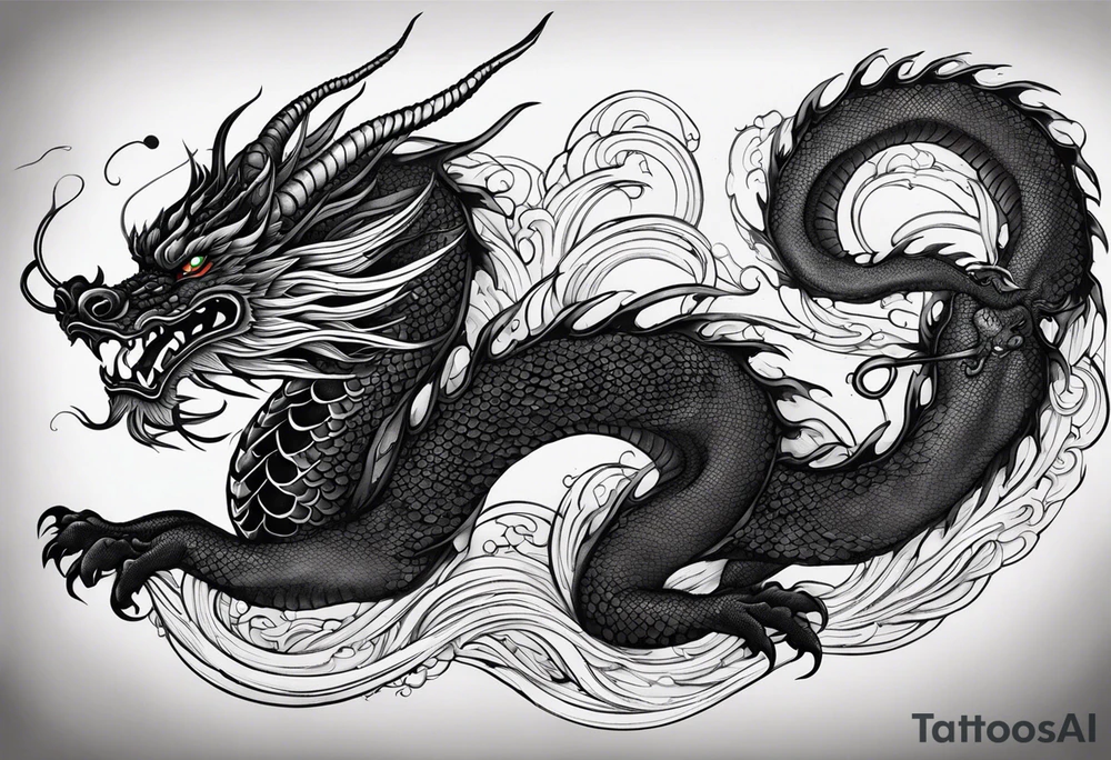 An epic floating asian dragon. Its long body coiling dynamically, with scales and horns detailed to create a sense of movement and strength. The dragon's color is giving a vibrant depth and a mystical aura. This tattoo highlights the dragon’s fierce expression and sharp claws. tattoo idea