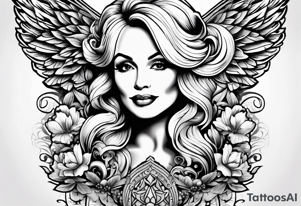 An angelic tattoo featuring Dolly Parton, an acorn, wings tattoo idea