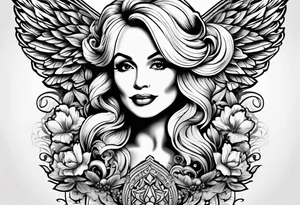 An angelic tattoo featuring Dolly Parton, an acorn, wings tattoo idea