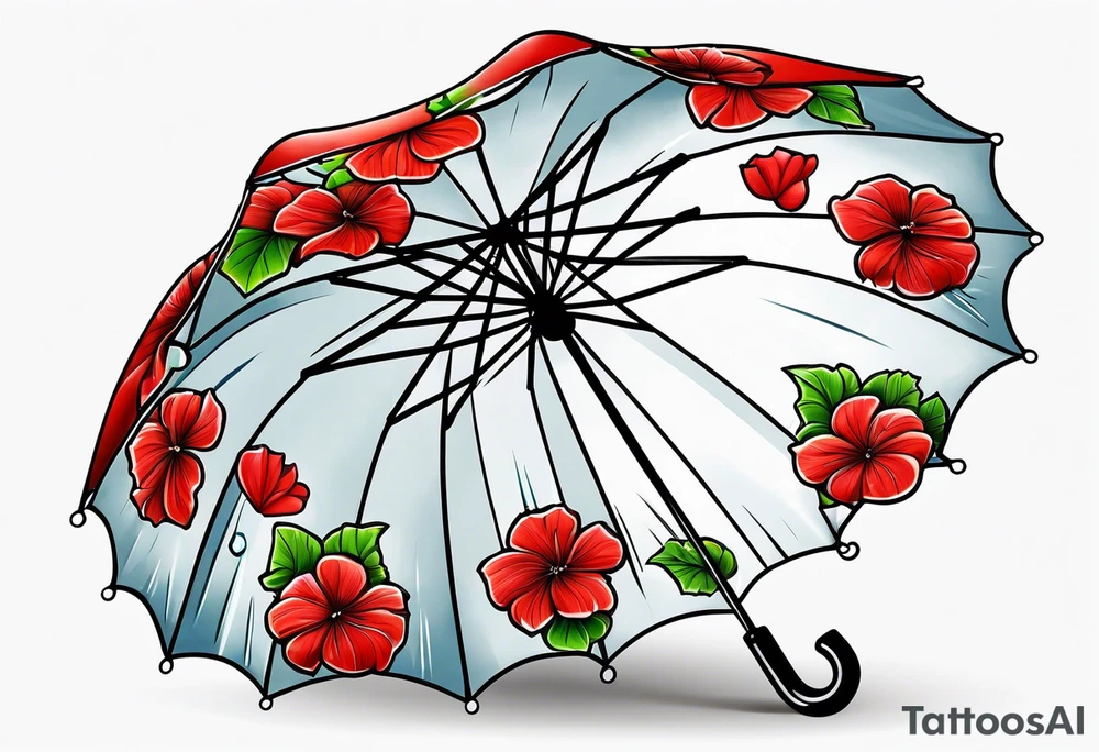 Upside down umbrella filled with geraniums rain droplets tattoo idea