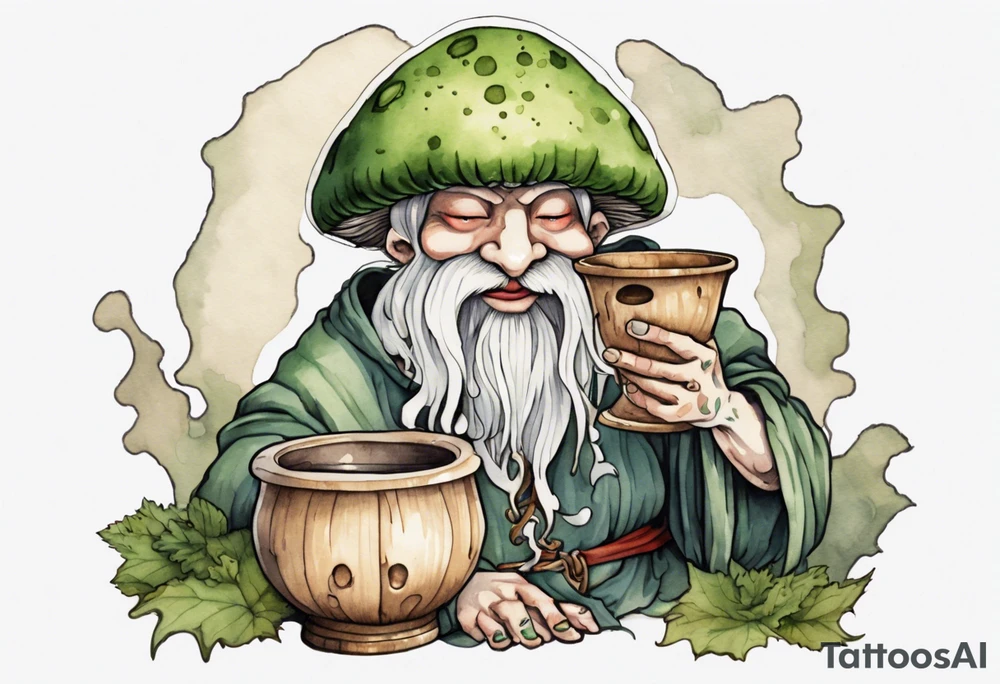 a mushroom person with a smiling moss face wearing a medieval tunic drinking from a wood cup tattoo idea