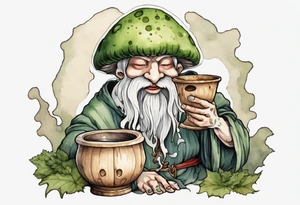 a mushroom person with a smiling moss face wearing a medieval tunic drinking from a wood cup tattoo idea