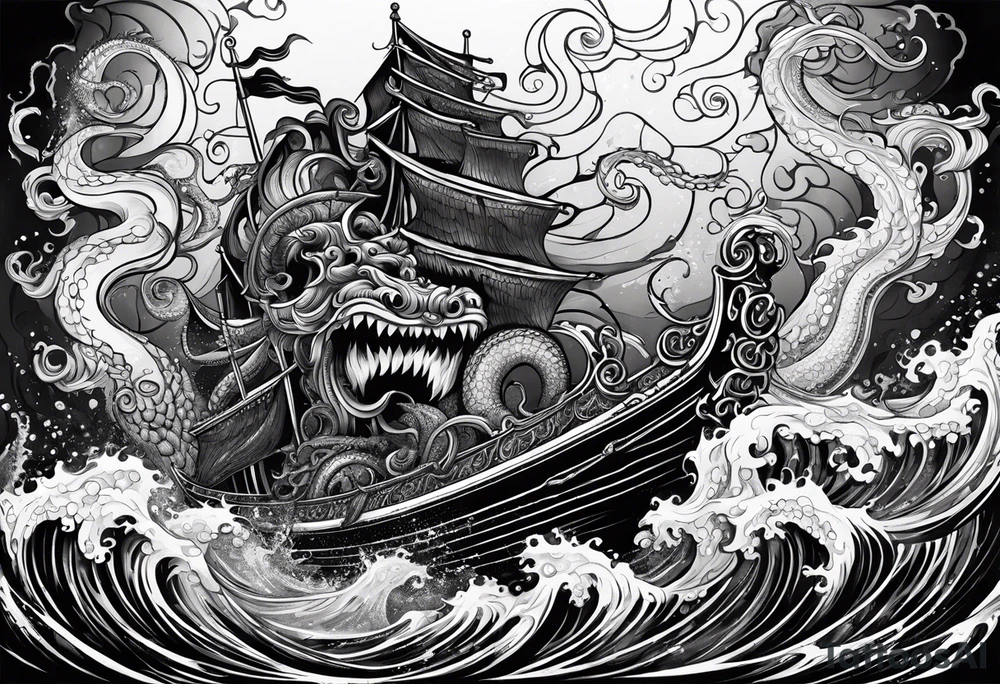 Kraken tentacles grabbing Poseidon thrusting trident into monster deep ocean stormy tattoo idea