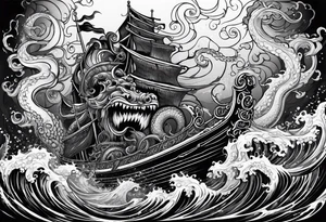 Kraken tentacles grabbing Poseidon thrusting trident into monster deep ocean stormy tattoo idea