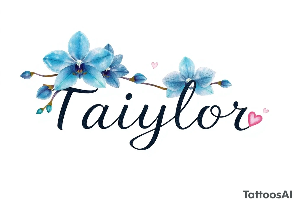 Taiylor spelled going down in a line with a ring as the “o” with hearts and blue orchid flowers behind the ear tattoo idea
