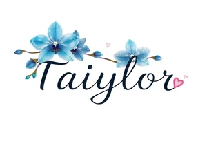 Taiylor spelled going down in a line with a ring as the “o” with hearts and blue orchid flowers behind the ear tattoo idea