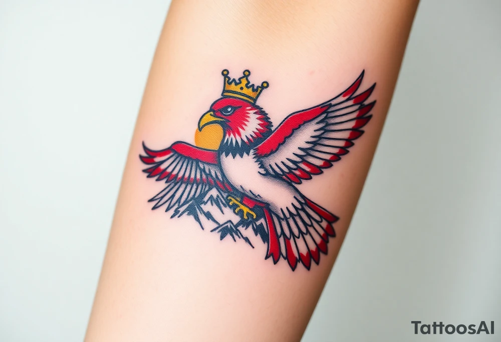 A red and white Moravian eagle with golden crown on its head  soaring above mountain peaks, with the sun rising behind it tattoo idea