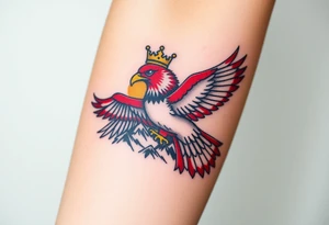 A red and white Moravian eagle with golden crown on its head  soaring above mountain peaks, with the sun rising behind it tattoo idea