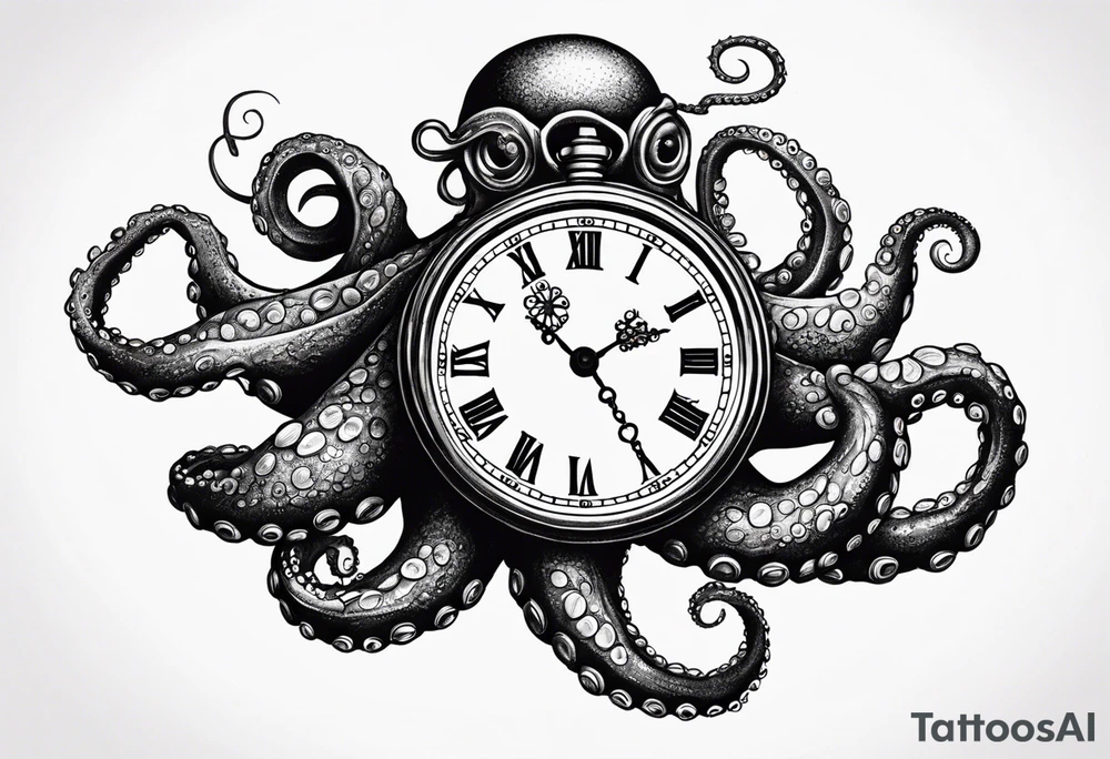 Octopus attacking an old pocket watch with his tentacles tattoo idea
