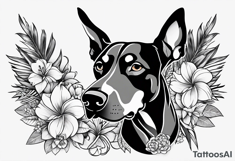 tropical and floral tattoo with doberman intertwined tattoo idea