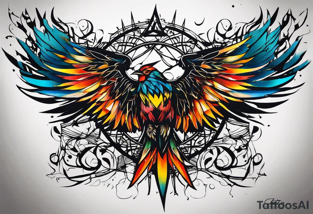 Wide tattoo that appears to be bursting out of the skin, symbolizing freedom. The tattoo should be vibrant and dynamic, with bold lines and colors that evoke a sense of liberation and empowerment. Consider incorporating elements such as birds in flight, broken chains, or other symbols of freedom. The tattoo should be visually striking and thought-provoking, inviting the viewer to reflect on the importance of personal freedom. tattoo idea