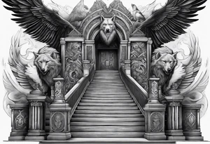 a staircase to valhalla with a big face of  the god Odin as a human at its end. On the side of the stair is a pack ow wolves. Also add in a a pair of doves and two ravens tattoo idea