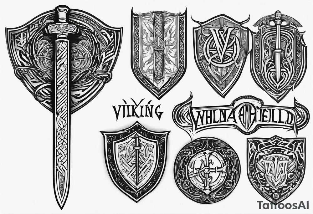 Valhalla viking gods shield hatchet sword tattoo idea