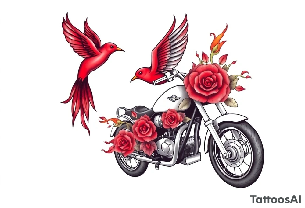 Motorcycle, red bird flying, roses and lace, flames tattoo idea