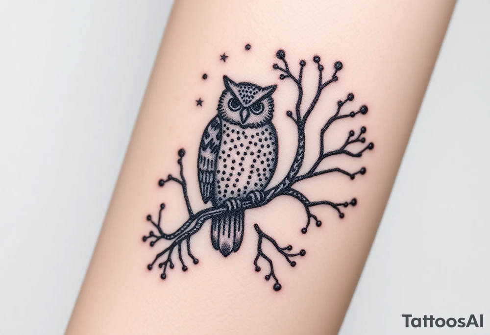 wise owl perched on ancient oak branch under starlit sky tattoo idea
