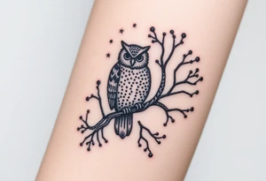 wise owl perched on ancient oak branch under starlit sky tattoo idea