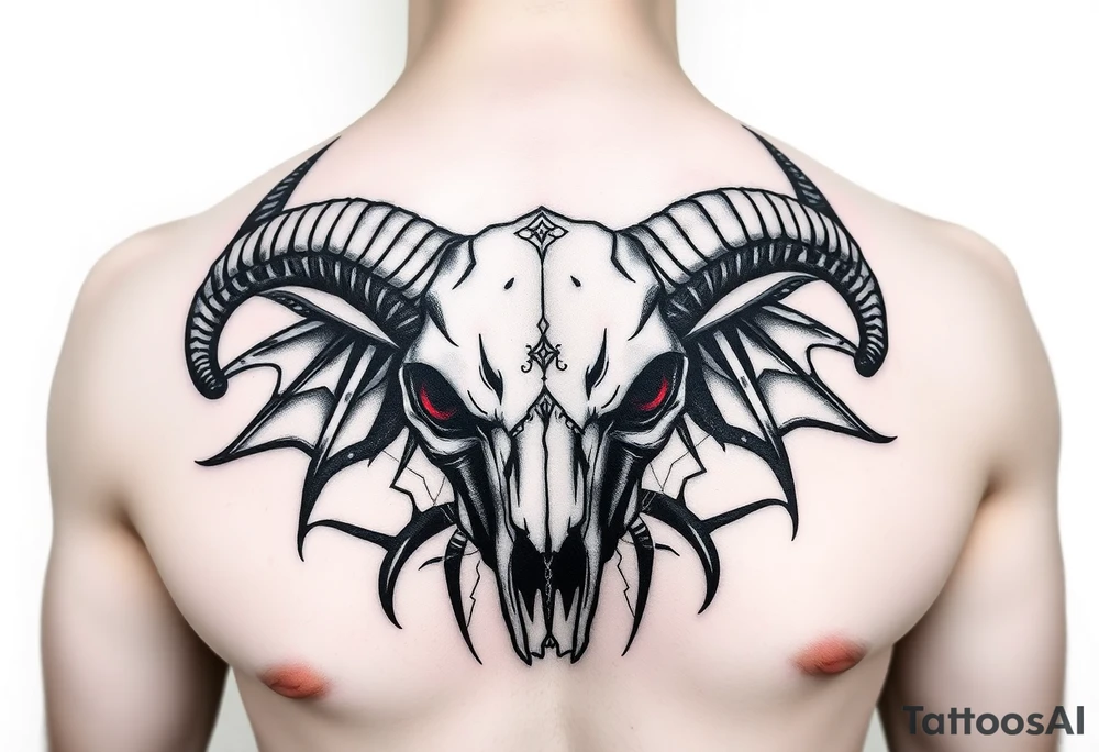 Evil Abstract looking taurus skull chest tattoo with red eyes tattoo idea