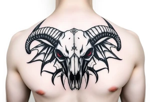 Evil Abstract looking taurus skull chest tattoo with red eyes tattoo idea