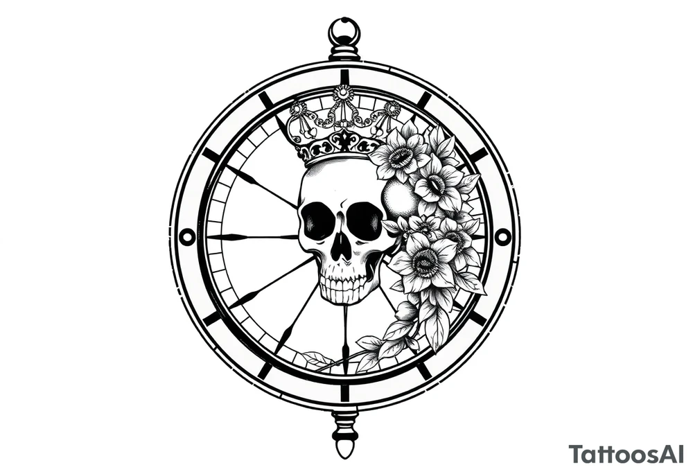 Compass with detailed beautiful gothic boho flowers on vine and skull with gorgeous crown tattoo idea