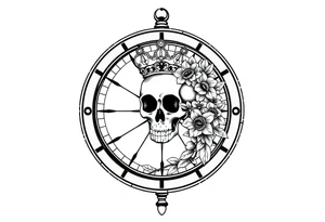 Compass with detailed beautiful gothic boho flowers on vine and skull with gorgeous crown tattoo idea